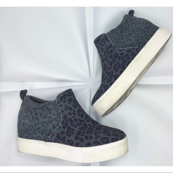J Slides Womens  Sz 6 Gray Leopard Print Suede Leather High Top Wedge Sneakers - Picture 1 of 9
